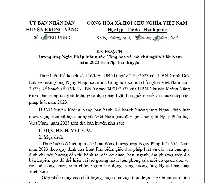 Kế hoạch Hưởng ứng Ngày Pháp luật nước Cộng hòa xã hội chủ nghĩa Việt Nam năm 2023 trên địa bàn huyện
